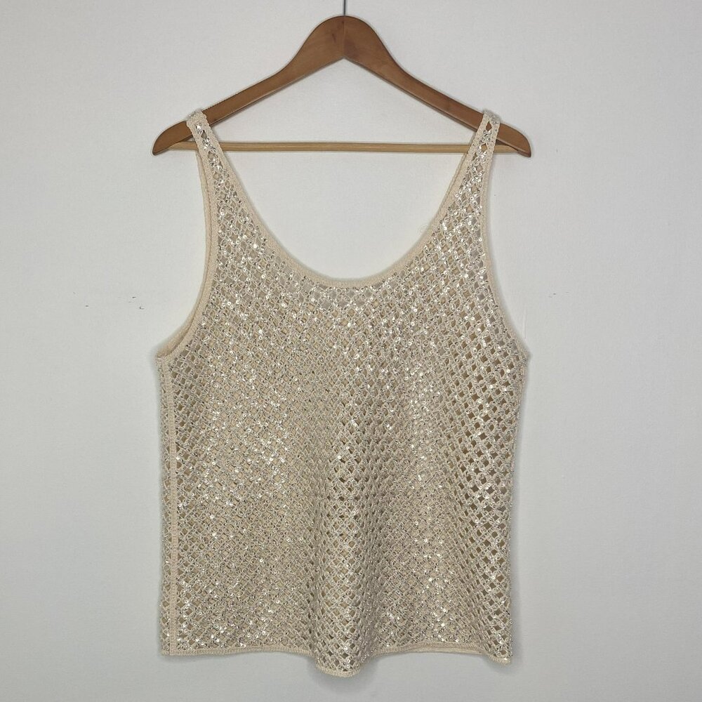 No tag - Zara - Textured, Beige & Silver,  Knit-feel,  Round Neck, Tank - Size M